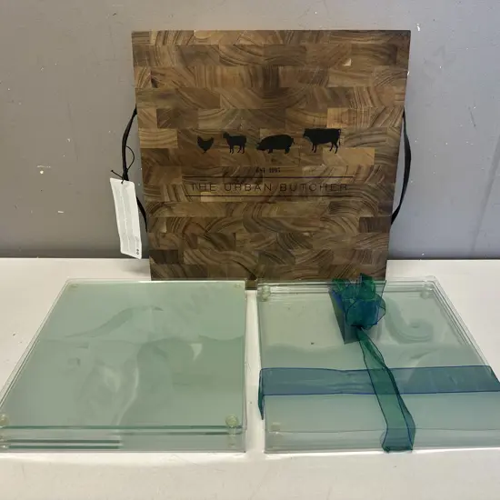 Salt & Pepper 'The Urban Butcher' Platter Board & Square Glass Placemats x2