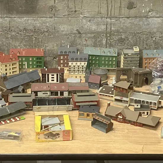 Large Assortment Model Railway Buildings, Trees Etc