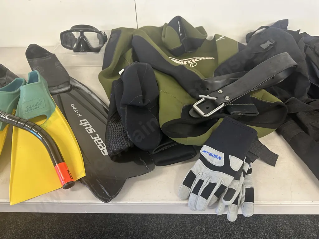 Selection Of Dive Gear Including Size 46 Simtotal Sub Wet Suit, Apollo XS 36-37 Flippers,Wild Blue Googles & Gloves Etc Image 1++
