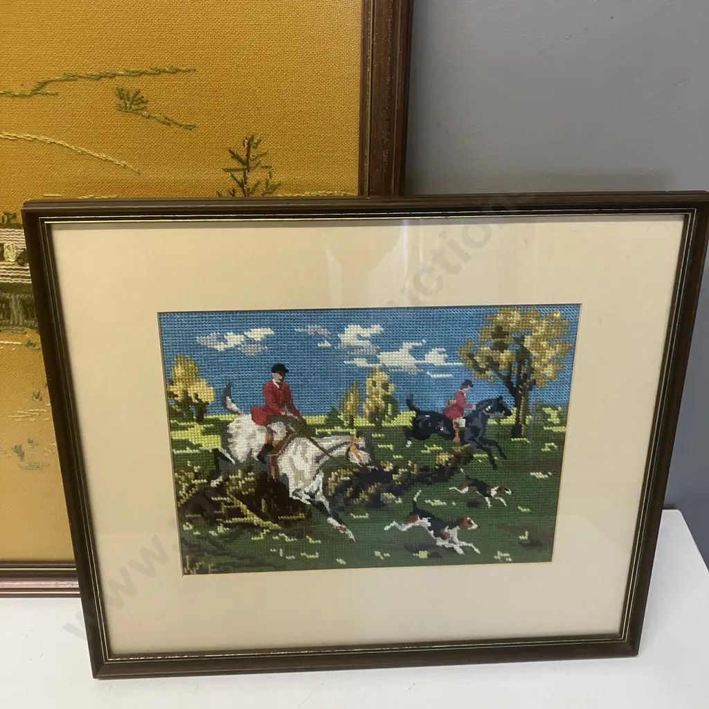 Vintage Western Town Framed Embroidery 56 x 60cm & Fox Hunt Needle Point 37 x 44cm Image 1++
