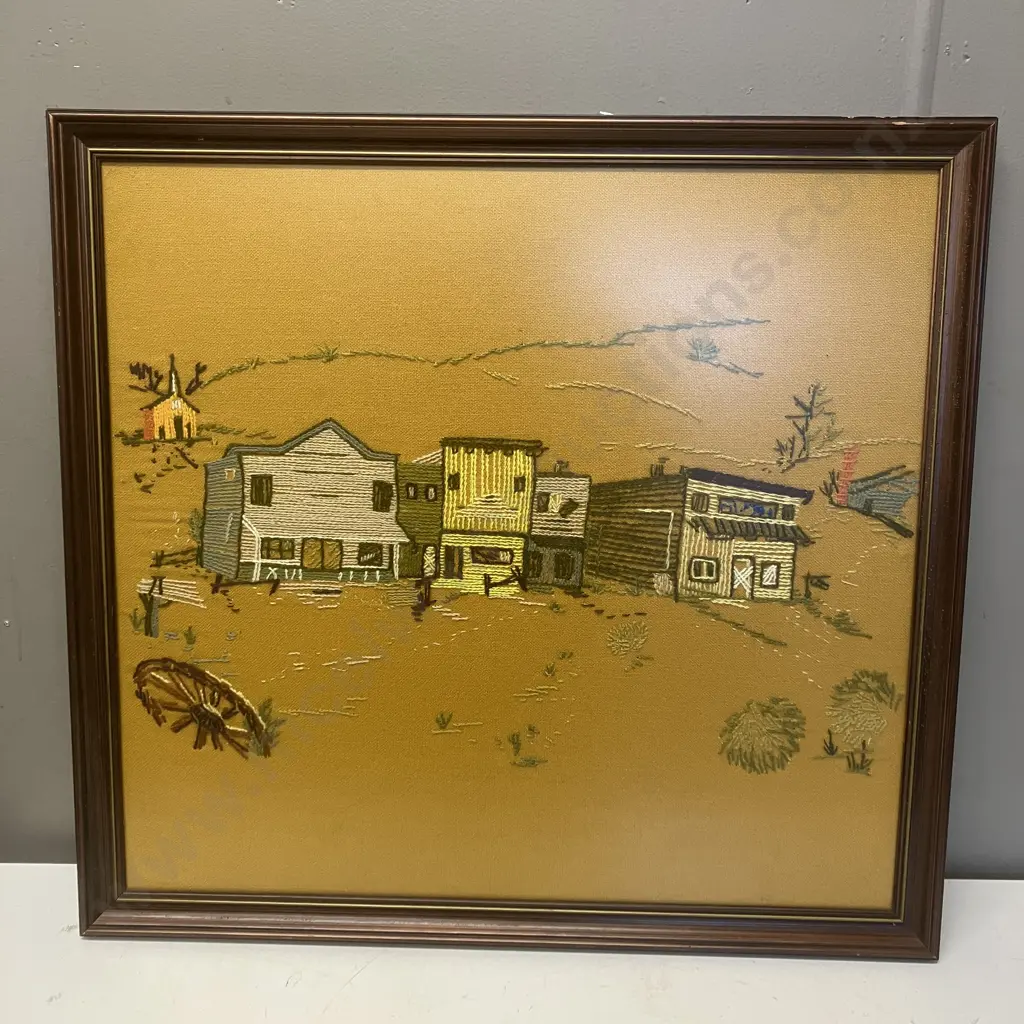 Vintage Western Town Framed Embroidery 56 x 60cm & Fox Hunt Needle Point 37 x 44cm Image 1++