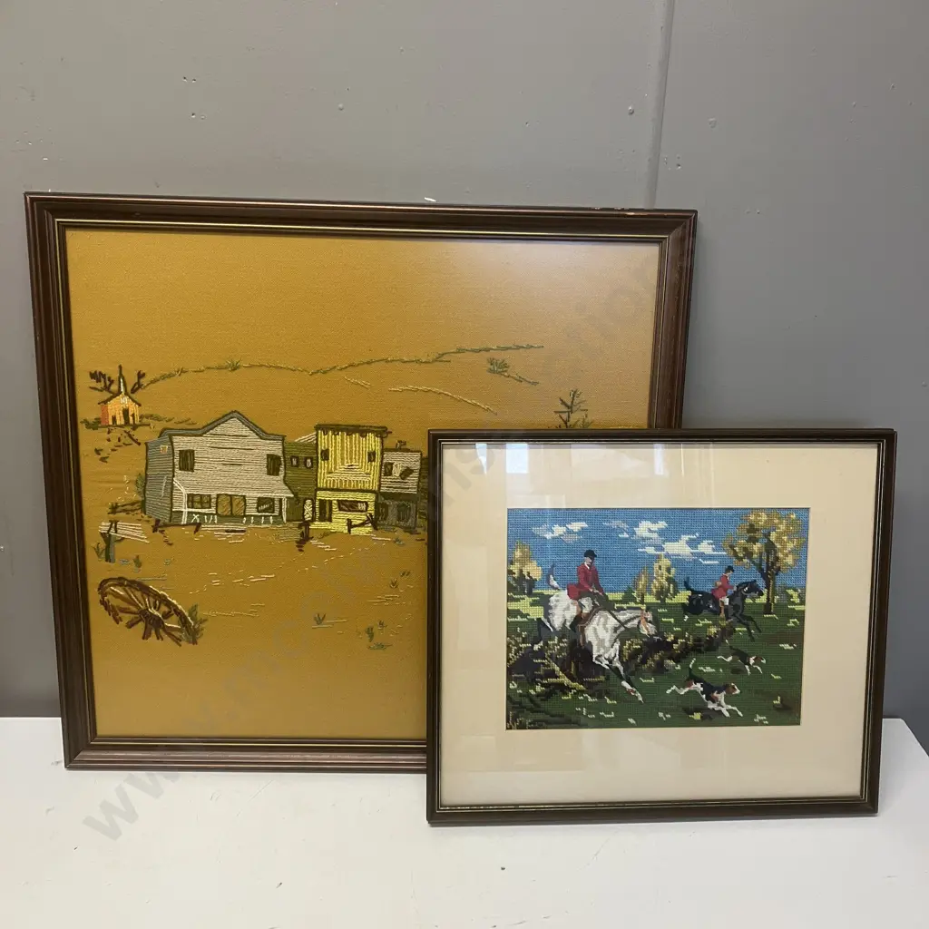 Vintage Western Town Framed Embroidery 56 x 60cm & Fox Hunt Needle Point 37 x 44cm Image 1++