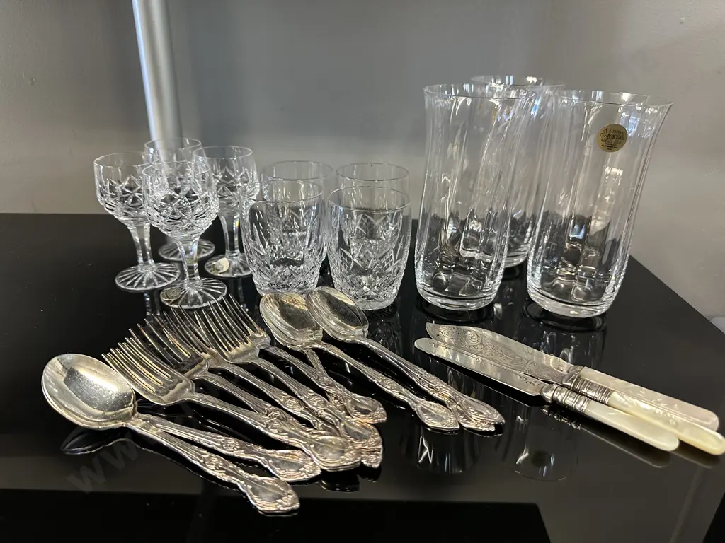 Selection Of Crystal Glasses Including Capri, Austra Etc & Assorted Silverware Cutlery Image 1++