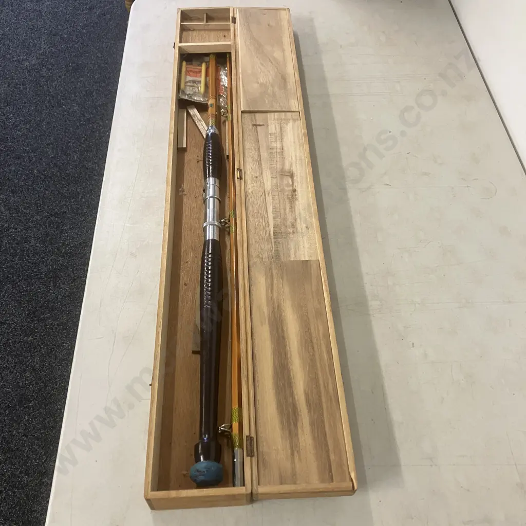 Vintage Cased Nippon Fishing Tackle (NFT) Bamboo Fly Rod , 2 Pce With Flies,  Made in Japan c: 1940's Image 1++