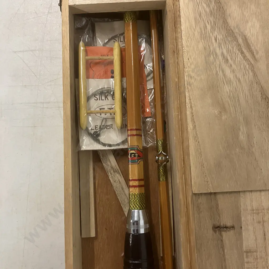 Vintage Cased Nippon Fishing Tackle (NFT) Bamboo Fly Rod , 2 Pce With Flies,  Made in Japan c: 1940's Image 1++