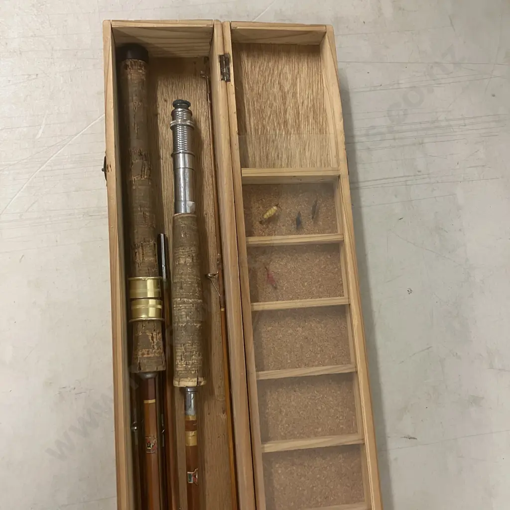 Vintage Cased Pair of Nippon Fishing Tackle (NFT) Bamboo Fly Rods, With Flies, Made in Japan c: 1940's Image 1++