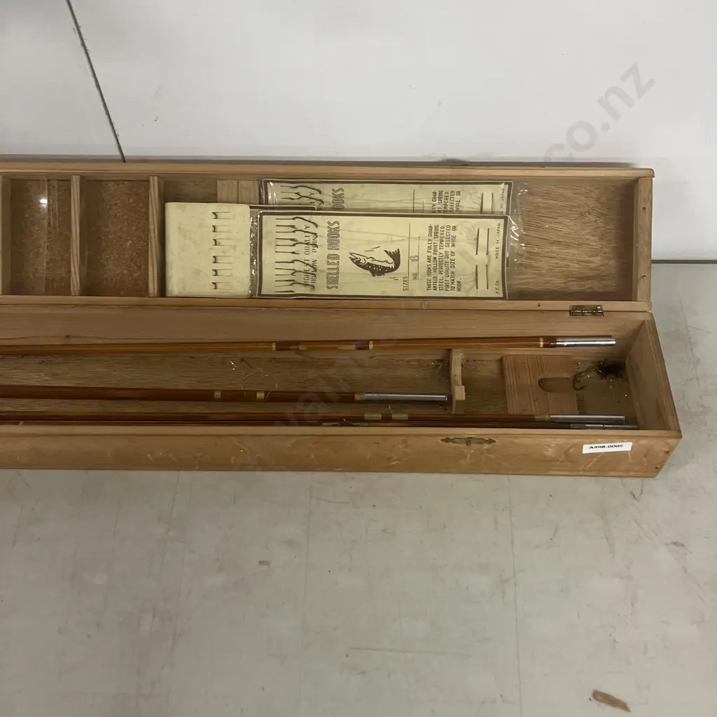 Vintage Cased Pair of Nippon Fishing Tackle (NFT) Bamboo Fly Rods, With Flies, Made in Japan c: 1940's Image 1++