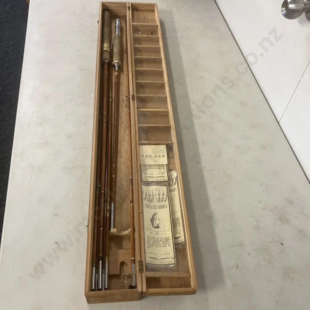 Vintage Cased Pair of Nippon Fishing Tackle (NFT) Bamboo Fly Rods, With Flies, Made in Japan c: 1940's Image 1++