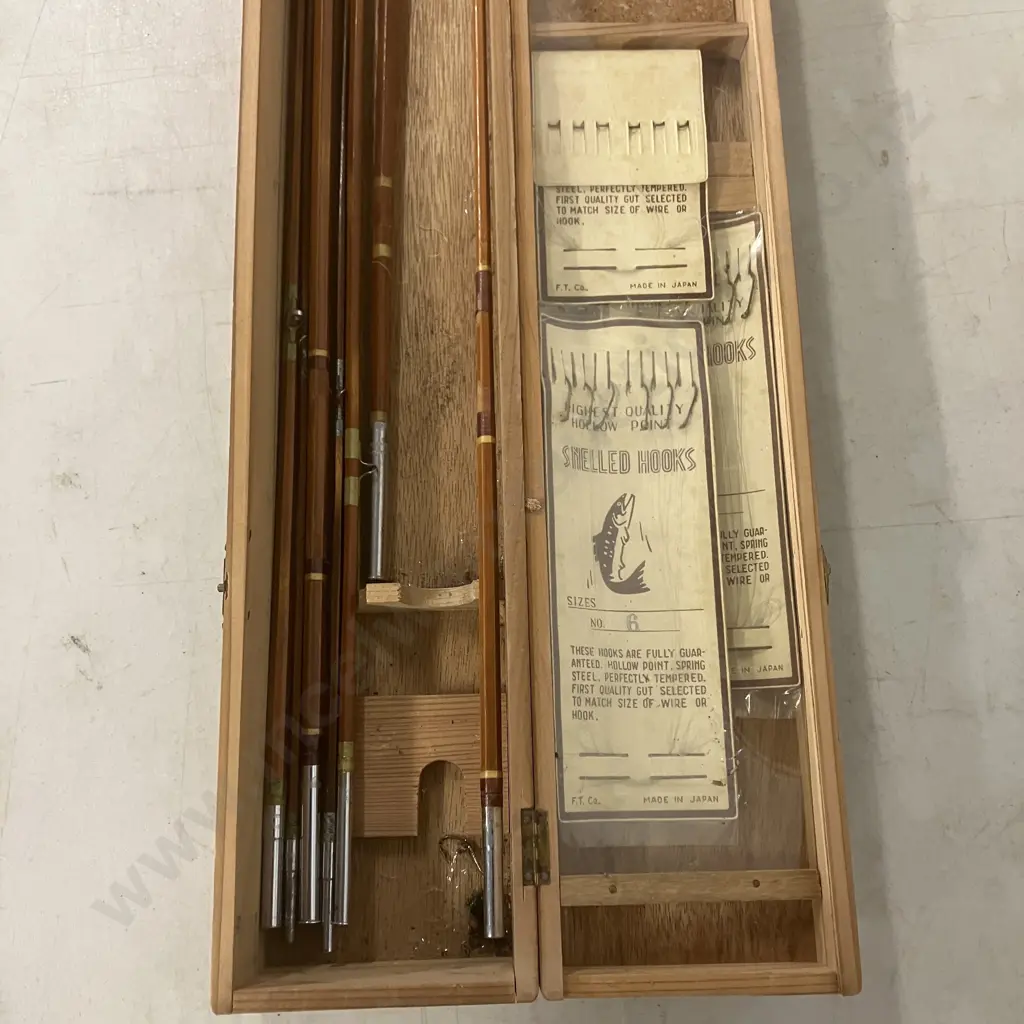 Vintage Cased Pair of Nippon Fishing Tackle (NFT) Bamboo Fly Rods, With Flies, Made in Japan c: 1940's Image 1++