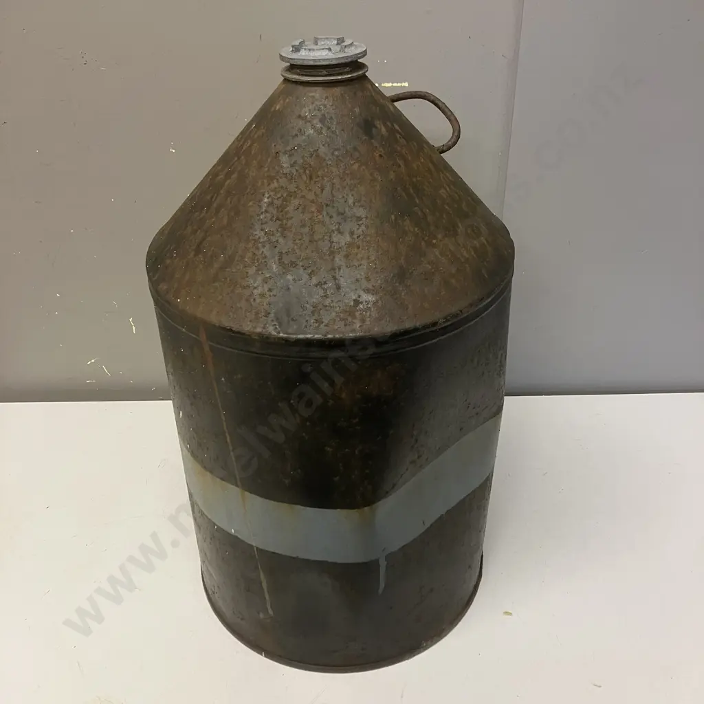 Vintage Round Tin Fuel Can By FEAVER MAKER, LONDON. H 50cm (As Found Condition) Image 1++