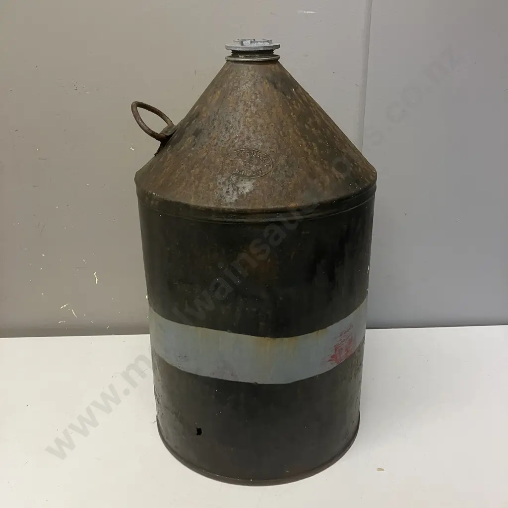 Vintage Round Tin Fuel Can By FEAVER MAKER, LONDON. H 50cm (As Found Condition) Image 1++