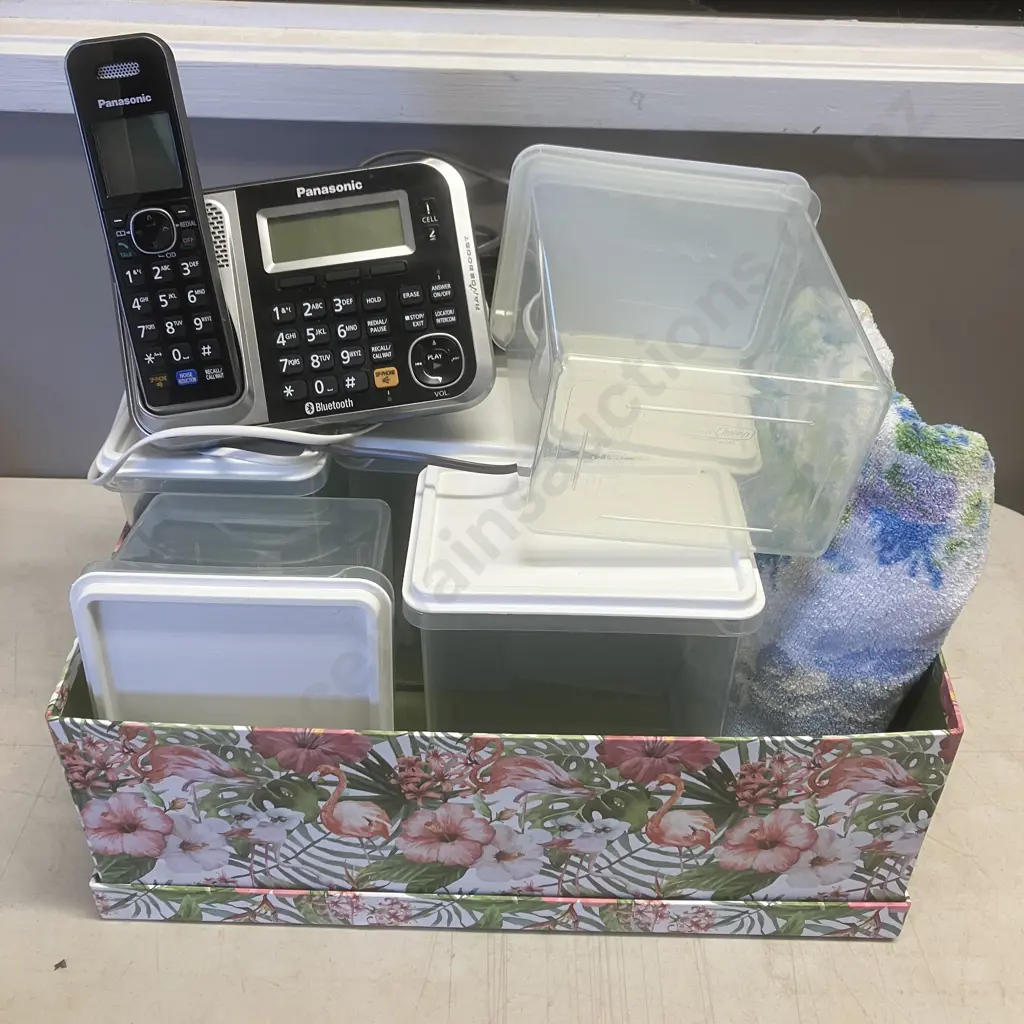 Box Lot Cuisine Queen Containers, Towel, Panasonic KX-TG7871AZ Cordless Phone Image 1++