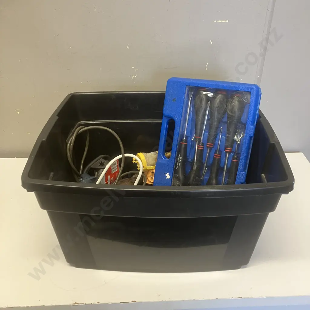 Black Bin With Tools - Screwdriver Set, Bosch Hammer Drill Etc Image 1++