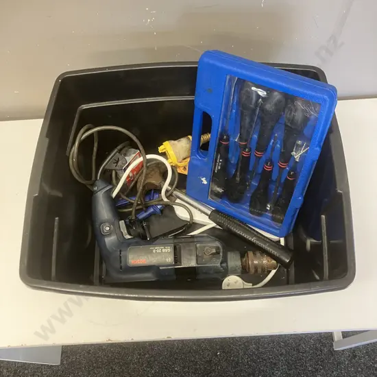 Black Bin With Tools - Screwdriver Set, Bosch Hammer Drill Etc