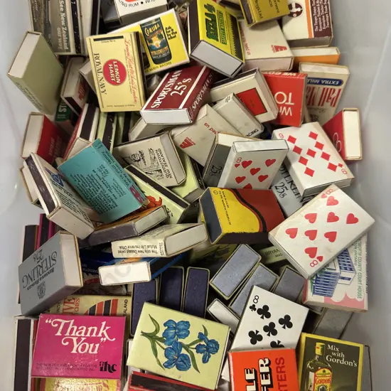 Clear Bin Of Assorted Vintage Match Boxes