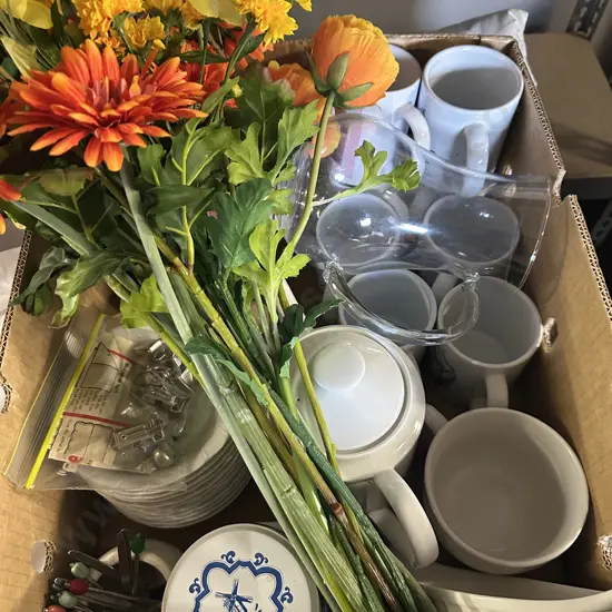 Box Lot Crockery, Table Weights, Artificial Flowers Etc