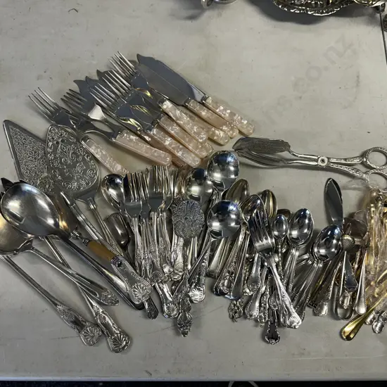 Selection Of Silverware Cutlery Items Including Mother Of Pearl Fish Cutlery Etc