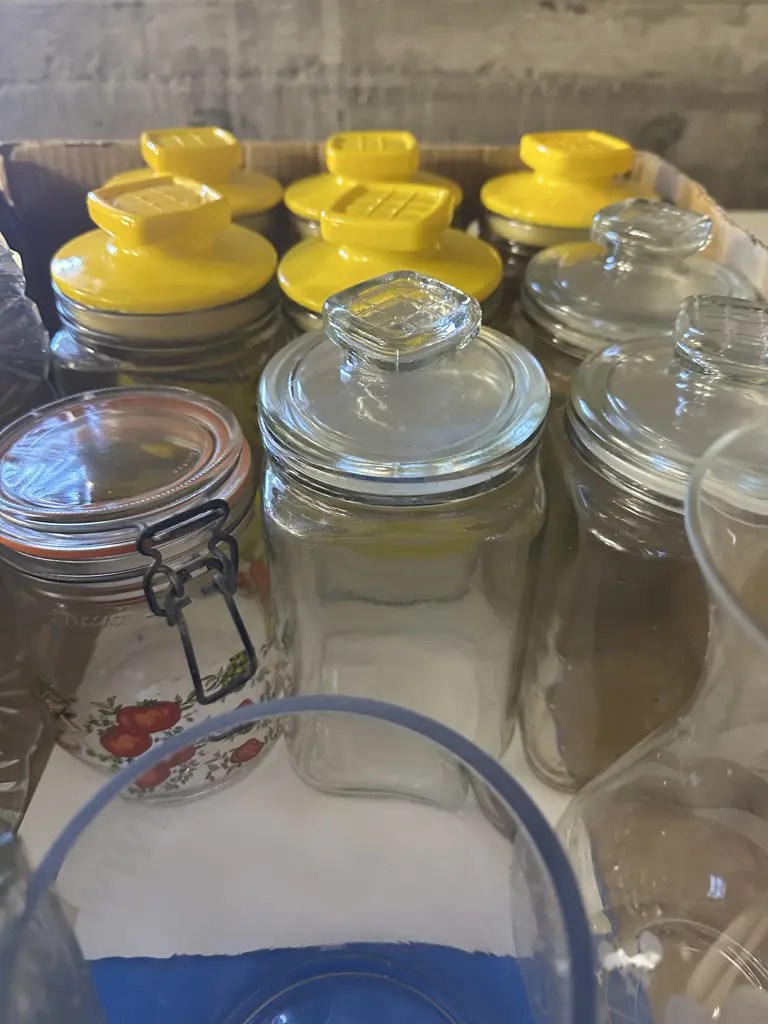 Box Lot Canisters, Glass Vases, Bowl Etc Image 1++