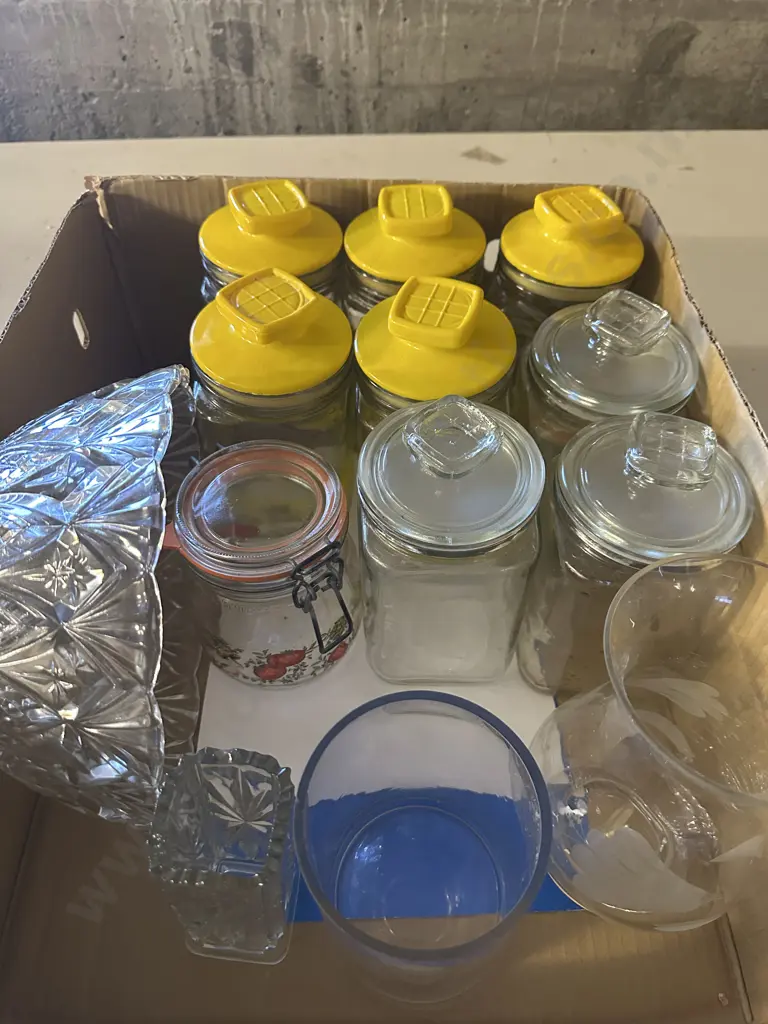 Box Lot Canisters, Glass Vases, Bowl Etc Image 1++