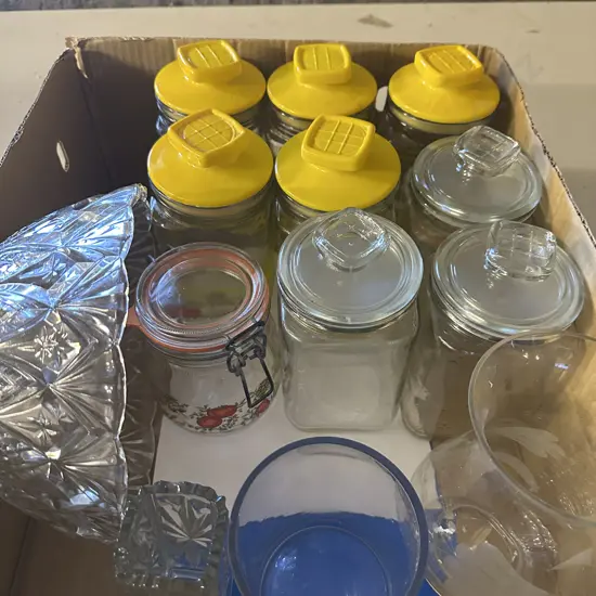Box Lot Canisters, Glass Vases, Bowl Etc