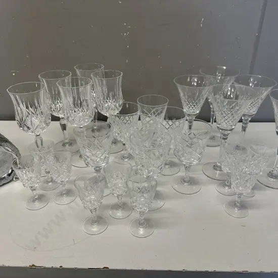 Large Selection of Crystal Glasses Including Silverware Coasters