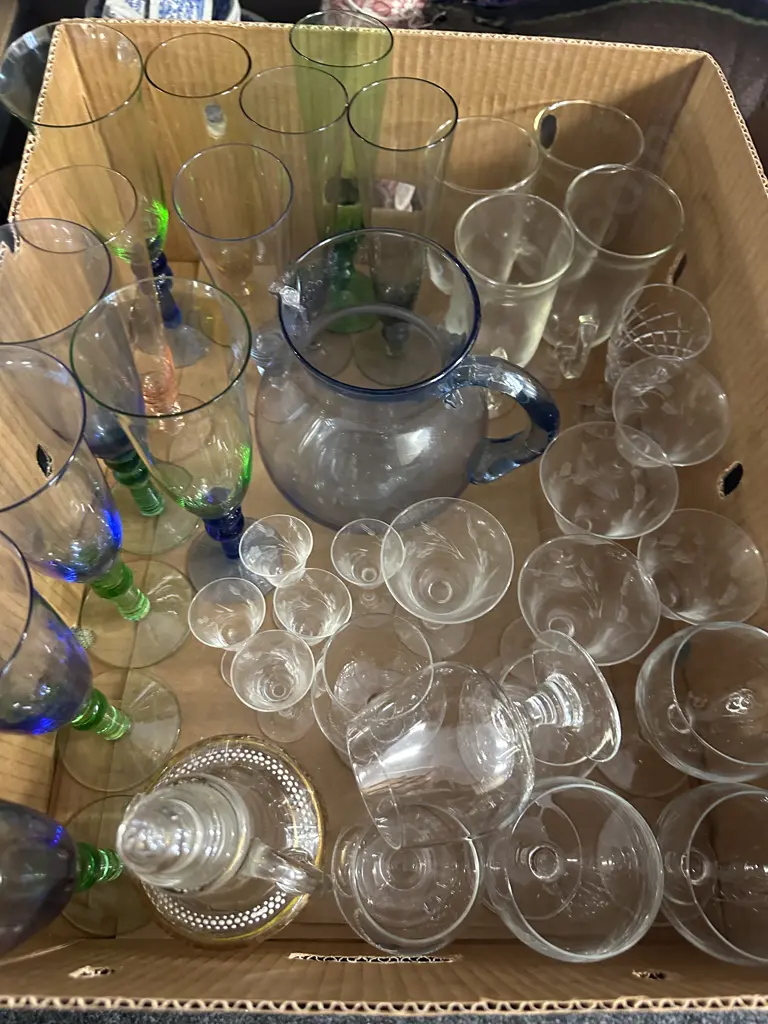 Box Of Vintage Coloured Glass Ware Etc Image 1++