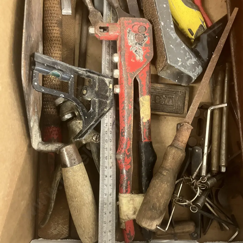 Box lot Assorted Tools & Hardware Etc Image 1++