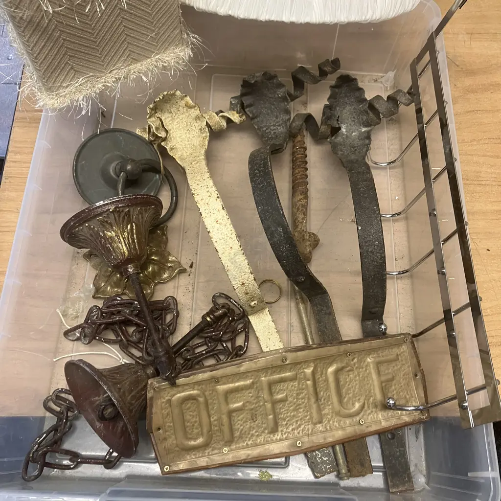 Plastic Bin, Lamp Shades, Ceiling Roses, Wrought Items, Brass Office Sign Etc Image 1++
