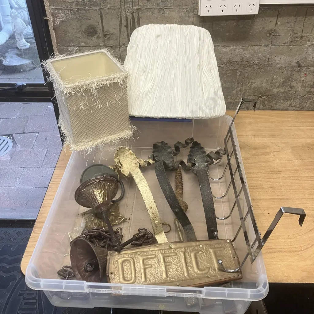 Plastic Bin, Lamp Shades, Ceiling Roses, Wrought Items, Brass Office Sign Etc Image 1++