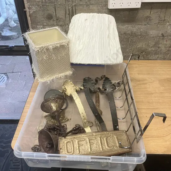Plastic Bin, Lamp Shades, Ceiling Roses, Wrought Items, Brass Office Sign Etc