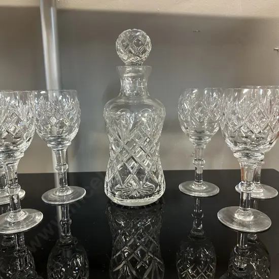 Vintage Crystal Decanter With Set Of Six Wine Glasses