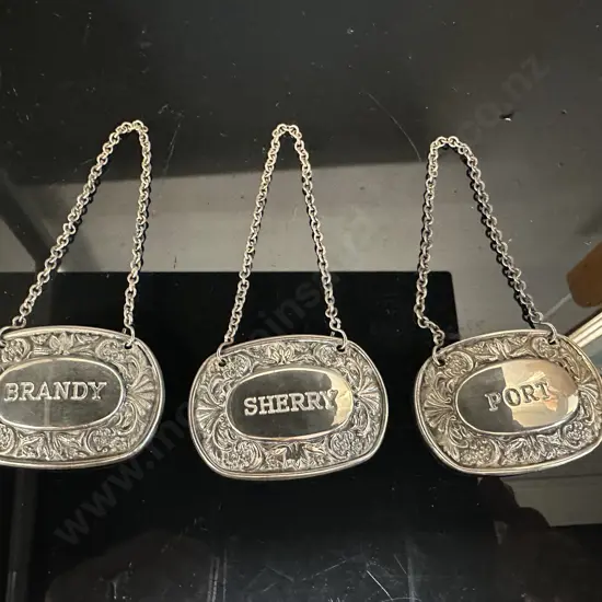 Vintage English Tanthe Silver Plated Decanter Labels Including Brandy, Sherry & Port