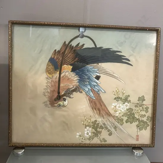 Vintage Chinese Macaw & Blossoms Watercolour On Silk, Framed. 36.5 x 44.5cm