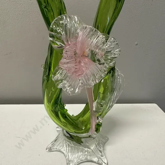 Mid Century Sommerso Murano ? Glass Bud Vase With Pink & Green Colour Scheme H19cm.