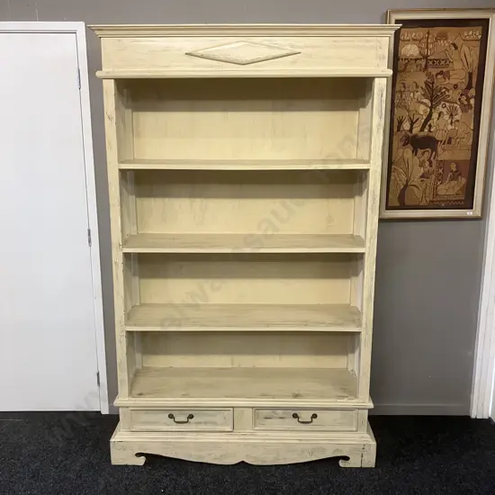 French Provincial Style Cream Painted Bookcase, 3 Fixed Shelves, 2 Drawers In The Base. H196 W124 D39cm