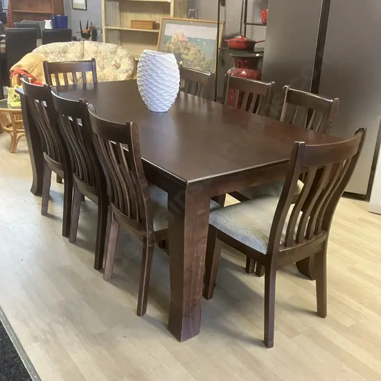 Dark Stained Wooden Rectangular Dining Table (210 x 103cm) With 8 Slat Back Chairs, Green / Cream Flecked Upholstered