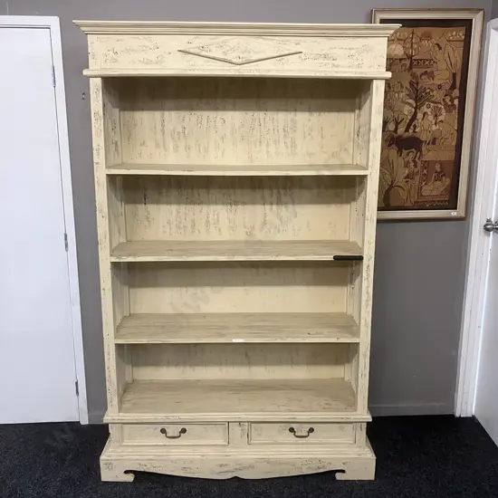 French Provincial Style Cream Painted Bookcase, 3 Fixed Shelves, 2 Drawers In The Base. H196 W124 D39cm