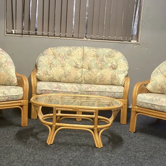 Rattan Two Seater Sofa With 2 Chairs & Glass Topped Coffee Table