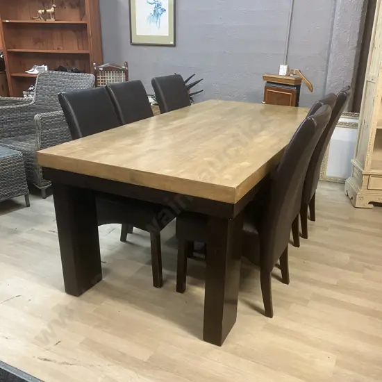 Light & Dark Oak Rectangular Dining Table (200 x 100cm) & 6 Chocolate Brown PU Leather Dining Chairs (1 Chair As Found)