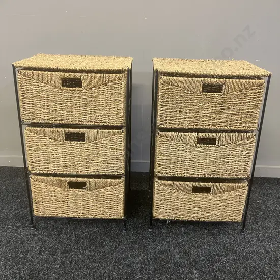 Pair of Seagrass 3 Drawer Storage Units. H62.5 W38 D30cm