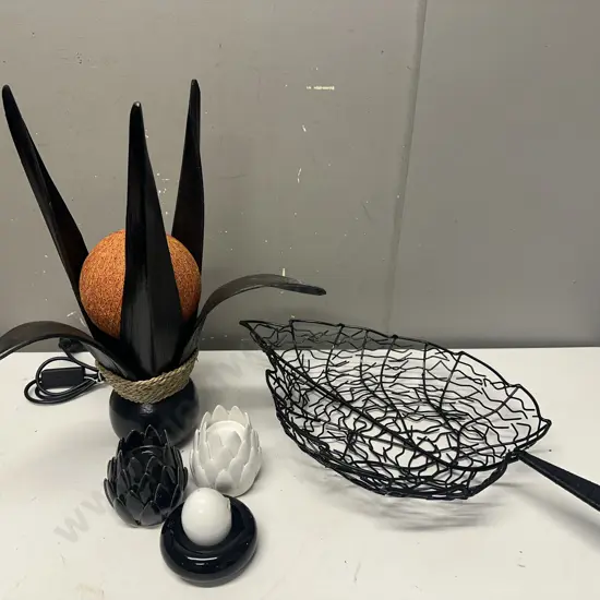 Modernist Leaf Design Table Lamp 42cm, With Leaf Metal Fruit Bowl, Candle Holders, Salt & Pepper Shakers