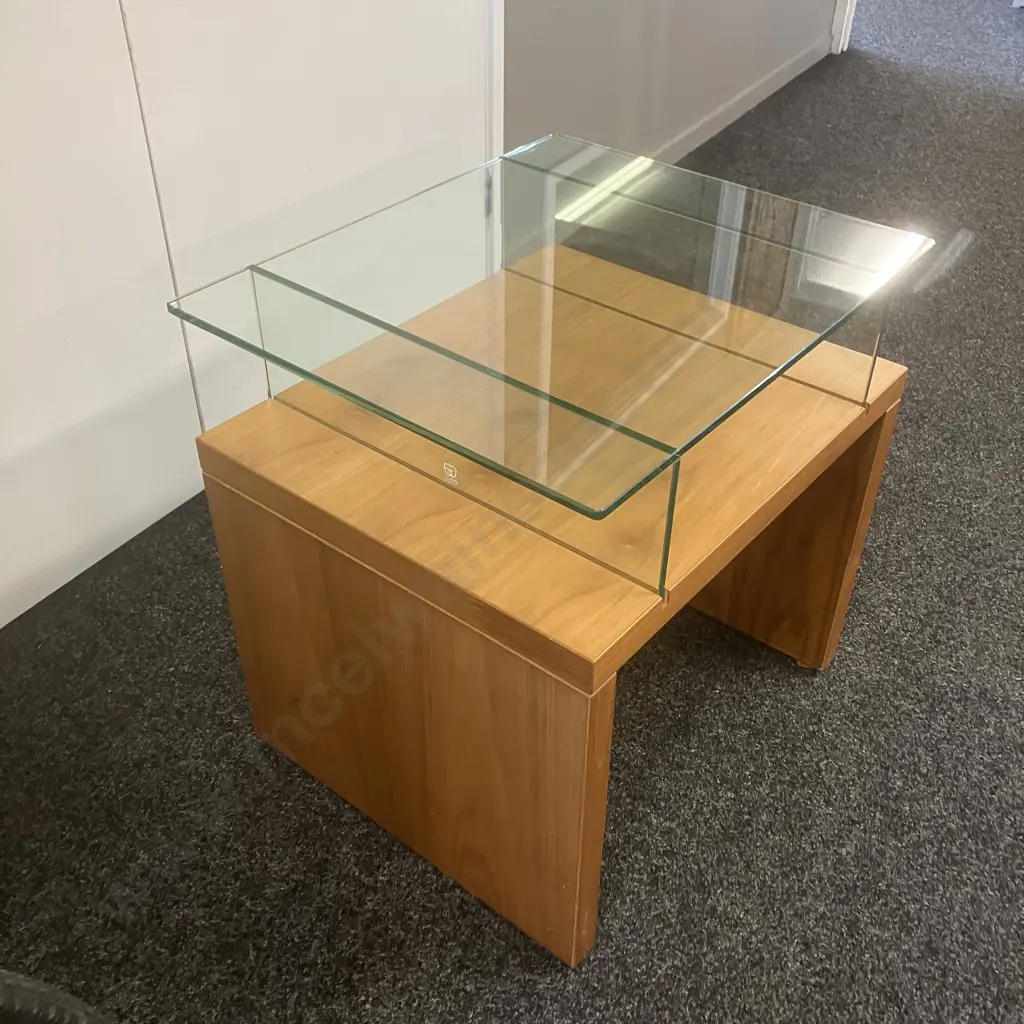 Wood Effect With Glass Side Table. H61 W60 D50cm (Missing Veneer Of Back Leg) Image 1++