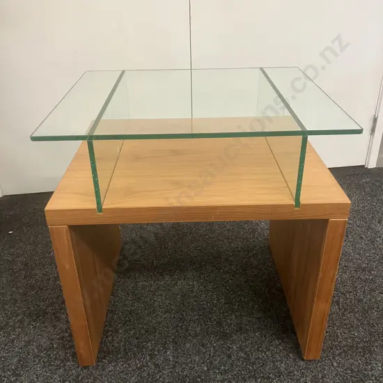 Wood Effect With Glass Side Table. H61 W60 D50cm (Missing Veneer Of Back Leg)