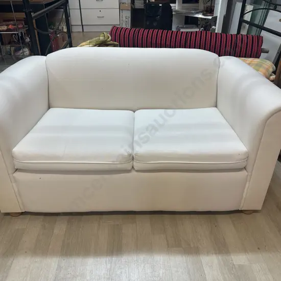 White Fabric 2 Seater Sofa, Rolled Arms, Wooden Bun Feet. 150 x 83cm