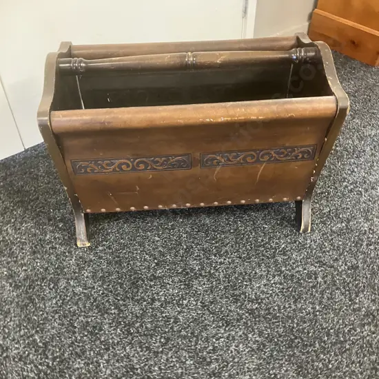 Mid Century Wood & Carved leather Magazine Rack. H38 W51.5 D29.5cm