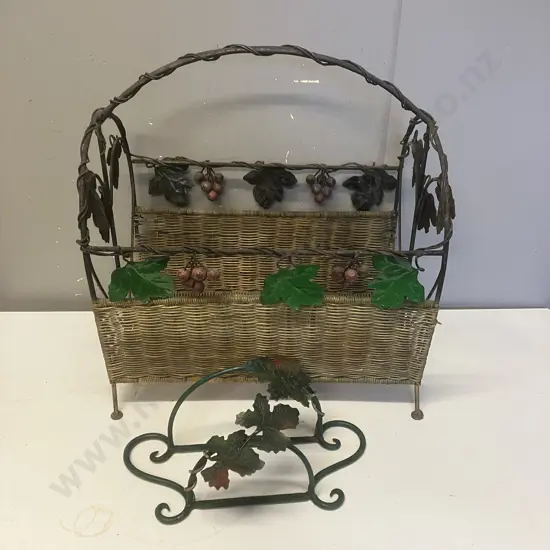 French Style Metal & Wicker Magazine Rack (H49 W43 D29cm) With Metal Wall Mount Hanger