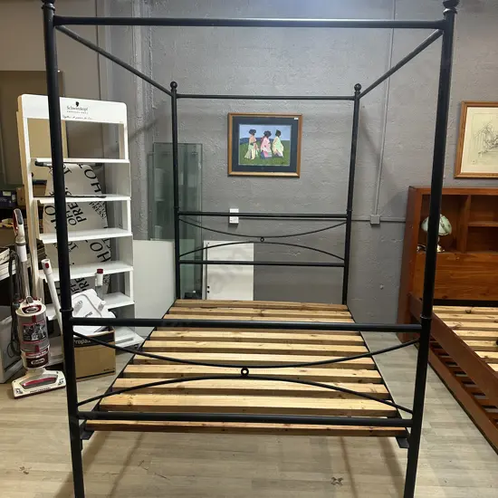 Black Tubular Steel Four Poster Bed With Wooden Slats
