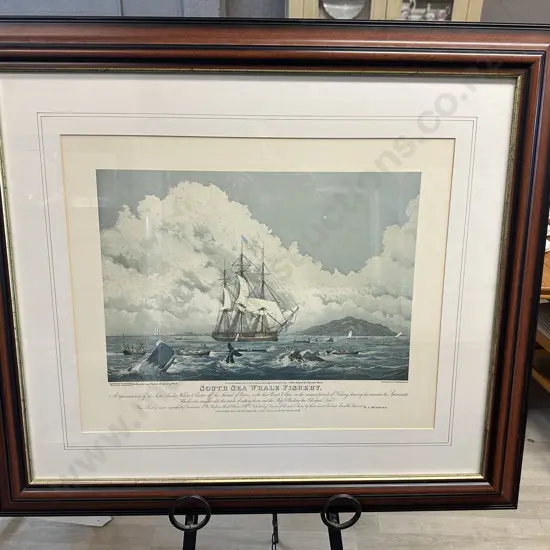 Magnificent Large Framed South Sea Whale Fishery Reproduction Print WJ Huggins Marine Painter To Her Majesty 86x98cm.