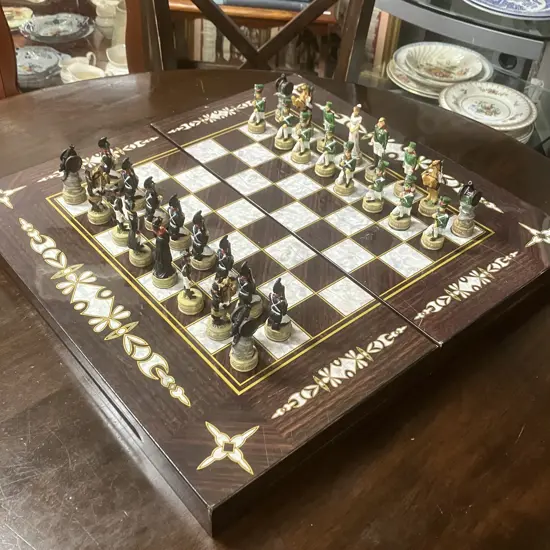 Napoleon vs Russians Hand-Painted Resin Chess Set & Backgammon Game, Folding Game Boards Case