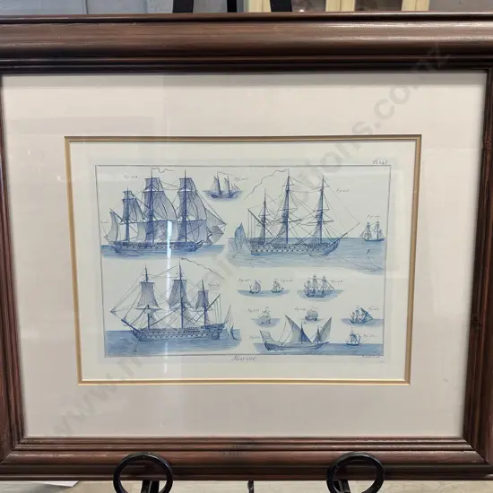 Vintage Maritime Print Titled 'Marine' By Bernard Direxit Featuring Sailing Ship Designs 60x71cm.